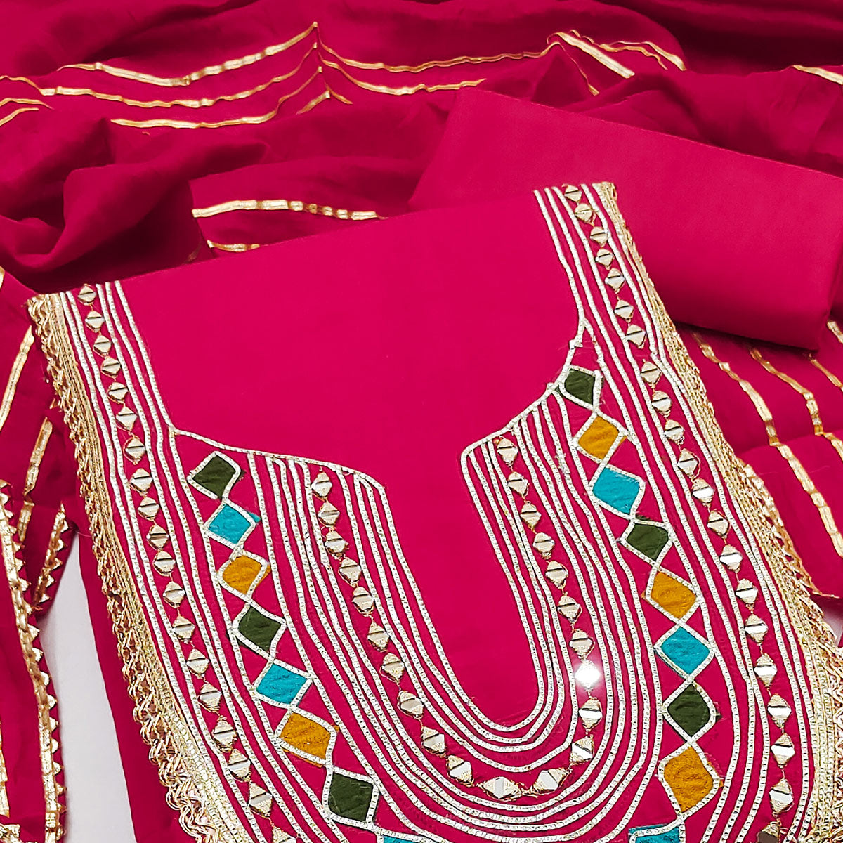 Rani Pink Embroidered Chanderi Cotton Dress Material With Reflective Mirror & Gota Patti Work