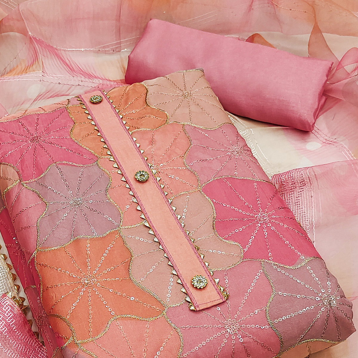 Pink Organza Suit Material with Delicate Sequins Embroidery to Elevate Your Look