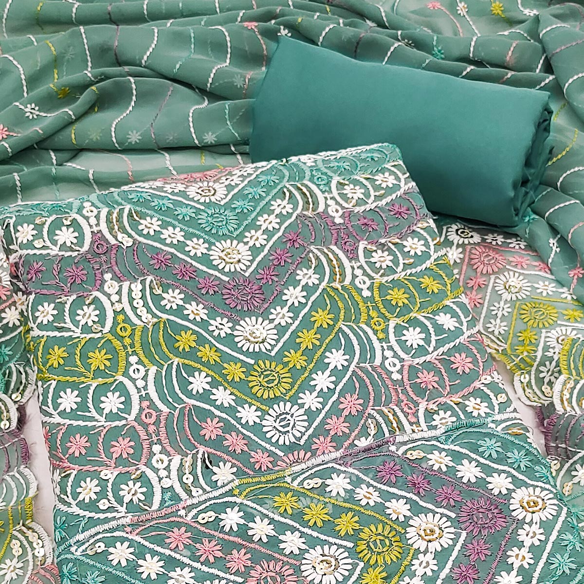 Sage Green Dress Material In Rich Jacquard With Intricate Heavy Embroidery