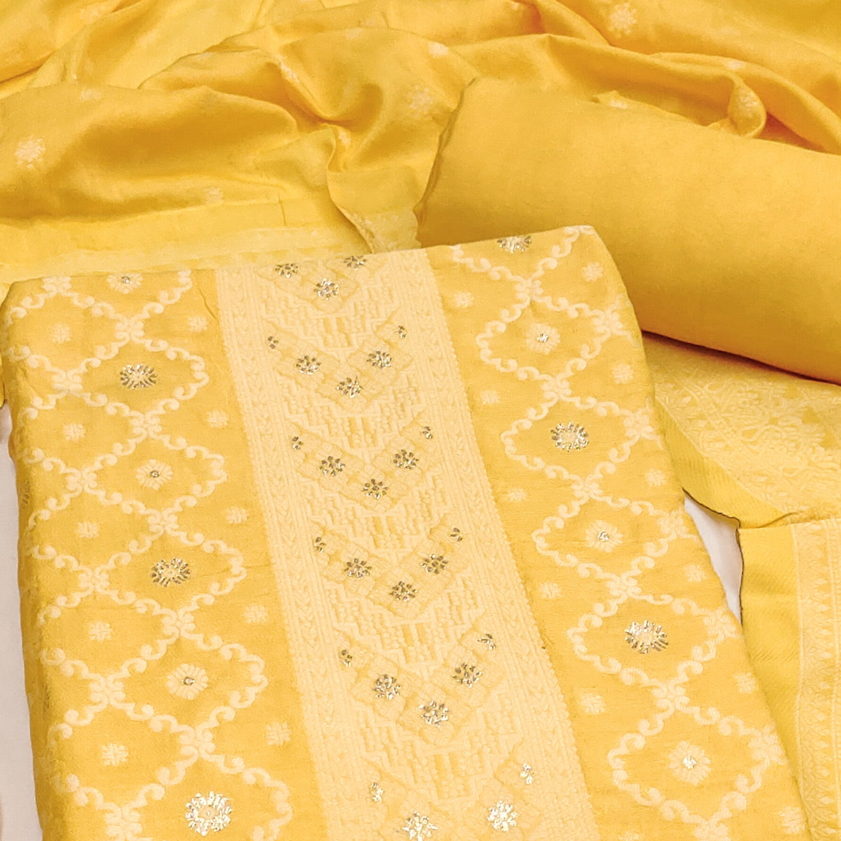 Banarasi Inspired Yellow Jacquard Fabric for Elegant Ensembles