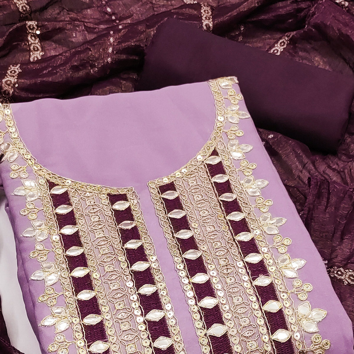 Purple Georgette Suit Material with Beautiful Thread Work Embroidery