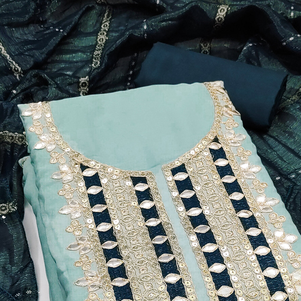 Sea Green Georgette Suit Material with Beautiful Thread Work Embroidery