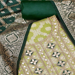 Green Floral Weaving Jacquard Dress Material With Cording & Gota Patti Work