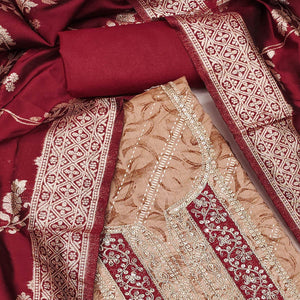 Dusty Peach Printed Chanderi Silk Dress Material With Elegant Sequins & Cording Embroidery