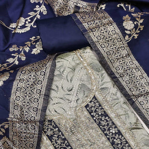 Grey Printed Chanderi Silk Dress Material With Elegant Sequins & Cording Embroidery