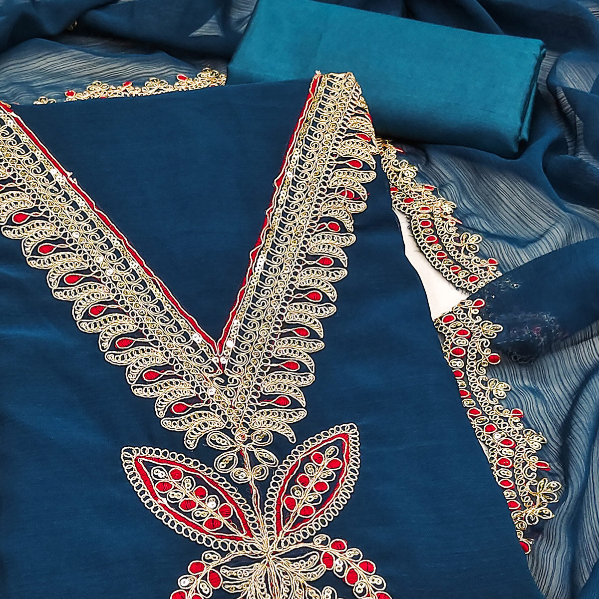 Morpich Blue Ensemble In Zomato Art Silk Adorned With Cording Floral Embroidery & Sparkling Sequins