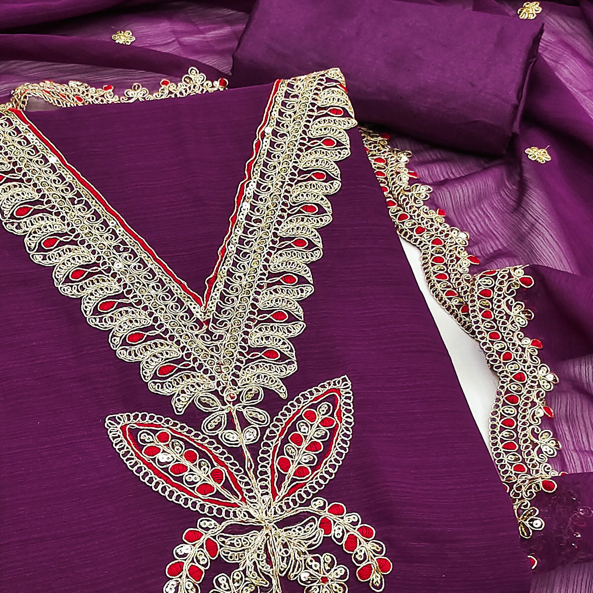 Purple Ensemble In Zomato Art Silk Adorned With Cording Floral Embroidery & Sparkling Sequins