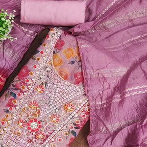 Lavender Floral Printed Dress Material With Elegant Embroidery on Shimmer Jacquard