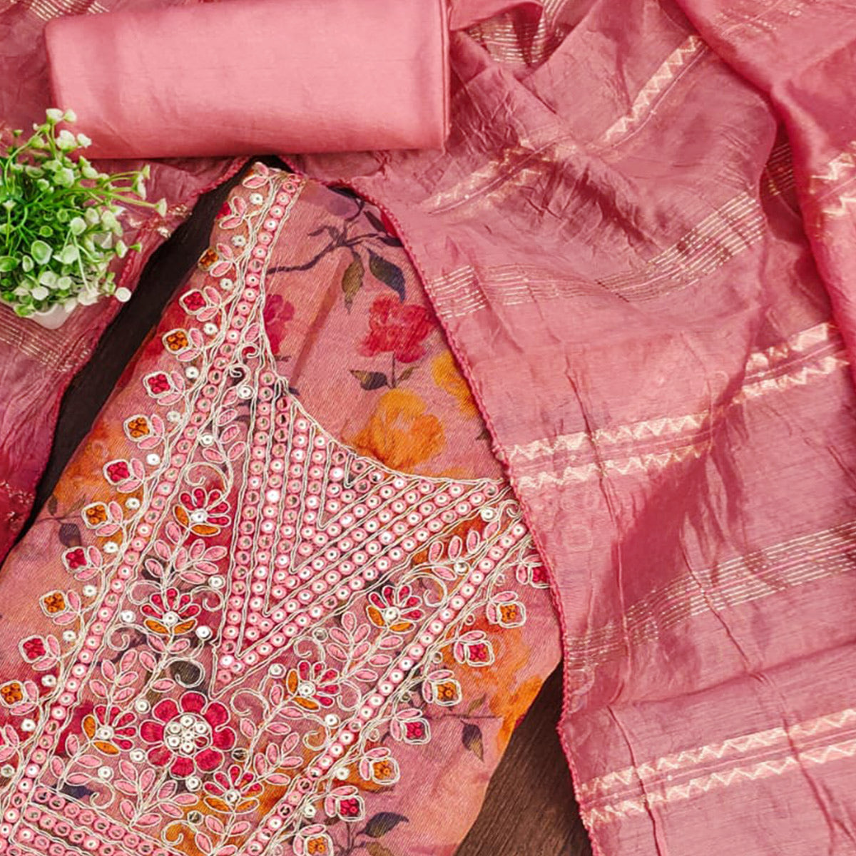 Peach Floral Printed Dress Material With Elegant Embroidery on Shimmer Jacquard