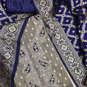 Grey Shimmer Jacquard Dress Material With Elegant Weaving & Cording Embroidery Work