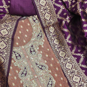 Rust Shimmer Jacquard Dress Material With Elegant Weaving & Cording Embroidery Work