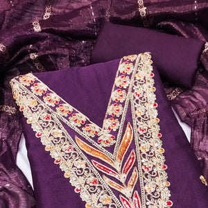 Purple Georgette Dress Material Embellished With Floral Cording Embroidery & Sequin Accents