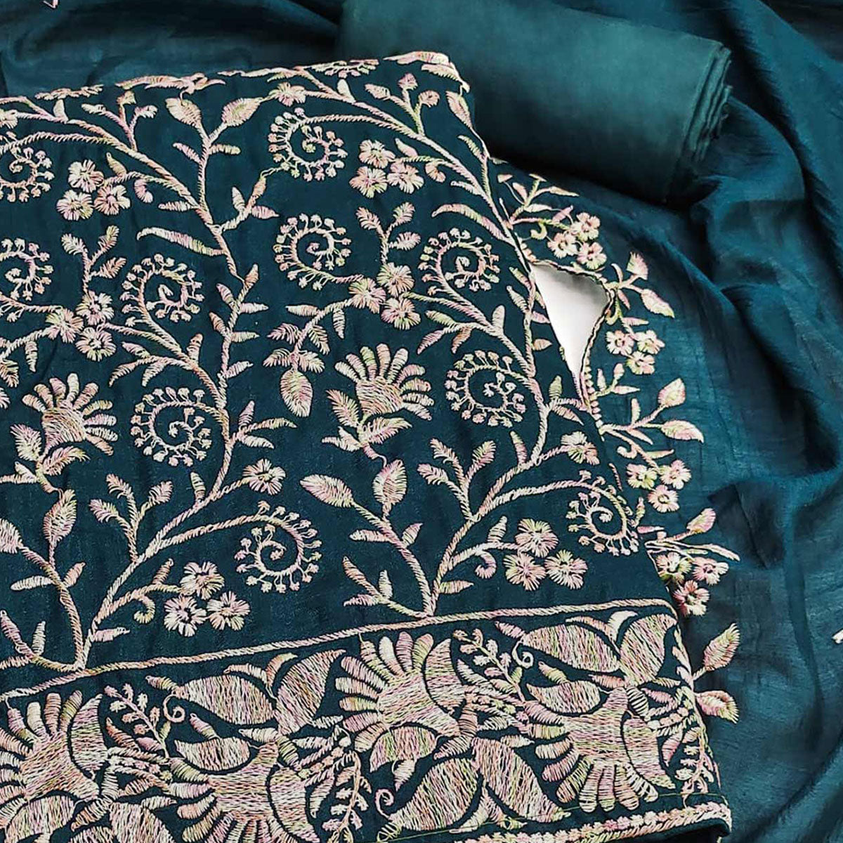 Morpich Blue Vichitra Silk Dress Material With Elegant Floral Thread Embroidery