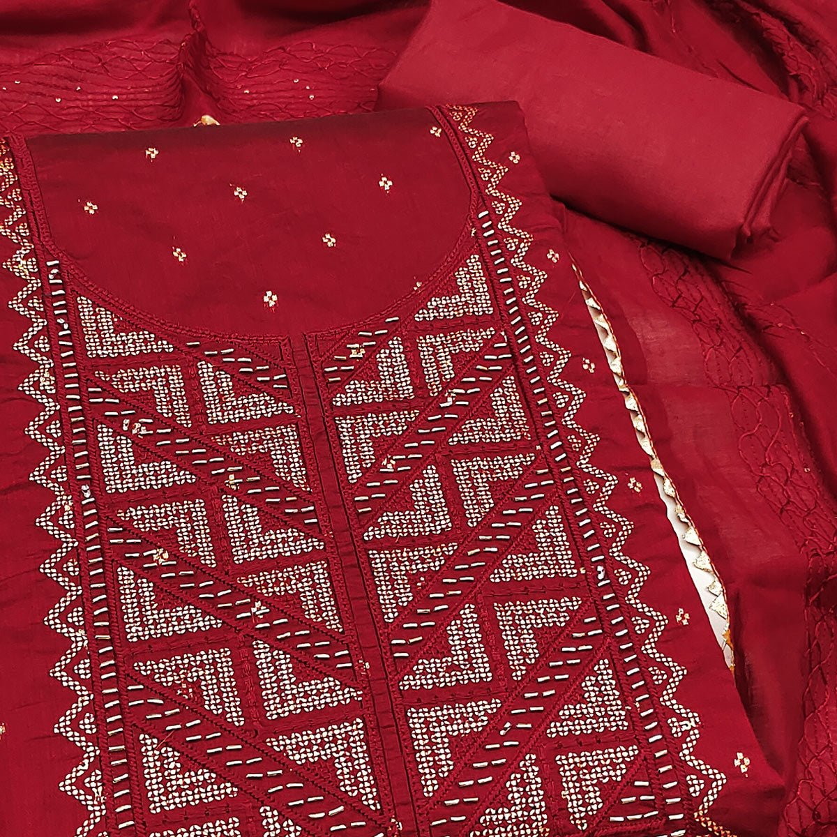 Maroon Sequins Embroidered Dress Material Crafted On Rich Chanderi Silk Jacquard