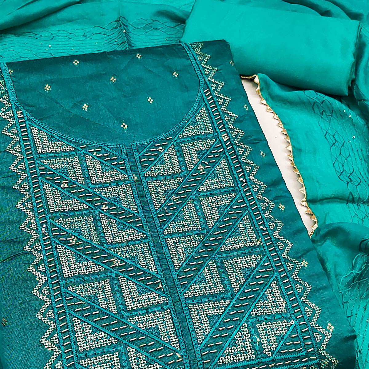 Turquoise Sequins Embroidered Dress Material Crafted On Rich Chanderi Silk Jacquard