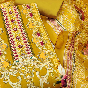 Mustard Dress Material in Rayon with Delicate Floral Patterns