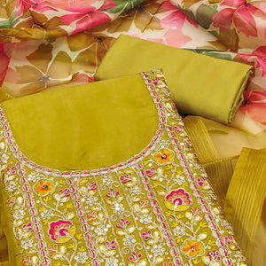 Mustard Chanderi Silk Unstitched Suit with Embroidered Detailing