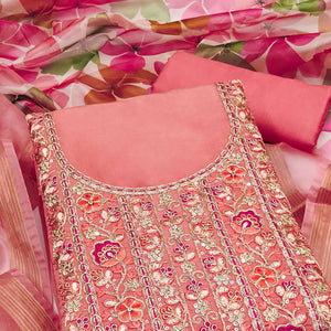 Peach Chanderi Silk Unstitched Suit with Embroidered Detailing