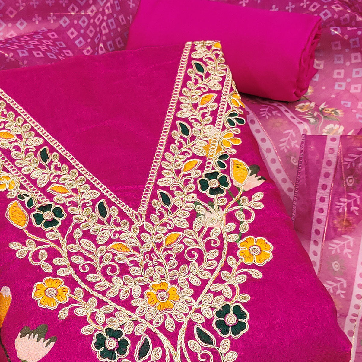 Pink Chanderi Silk Dress Material With Alluring Floral Digital Print & Delicate Cording Embroidery