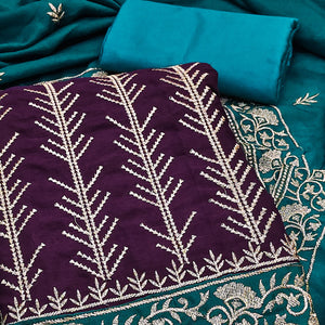 Purple Vichitra Silk Dress Material Featuring Graceful Floral Embroidery Work