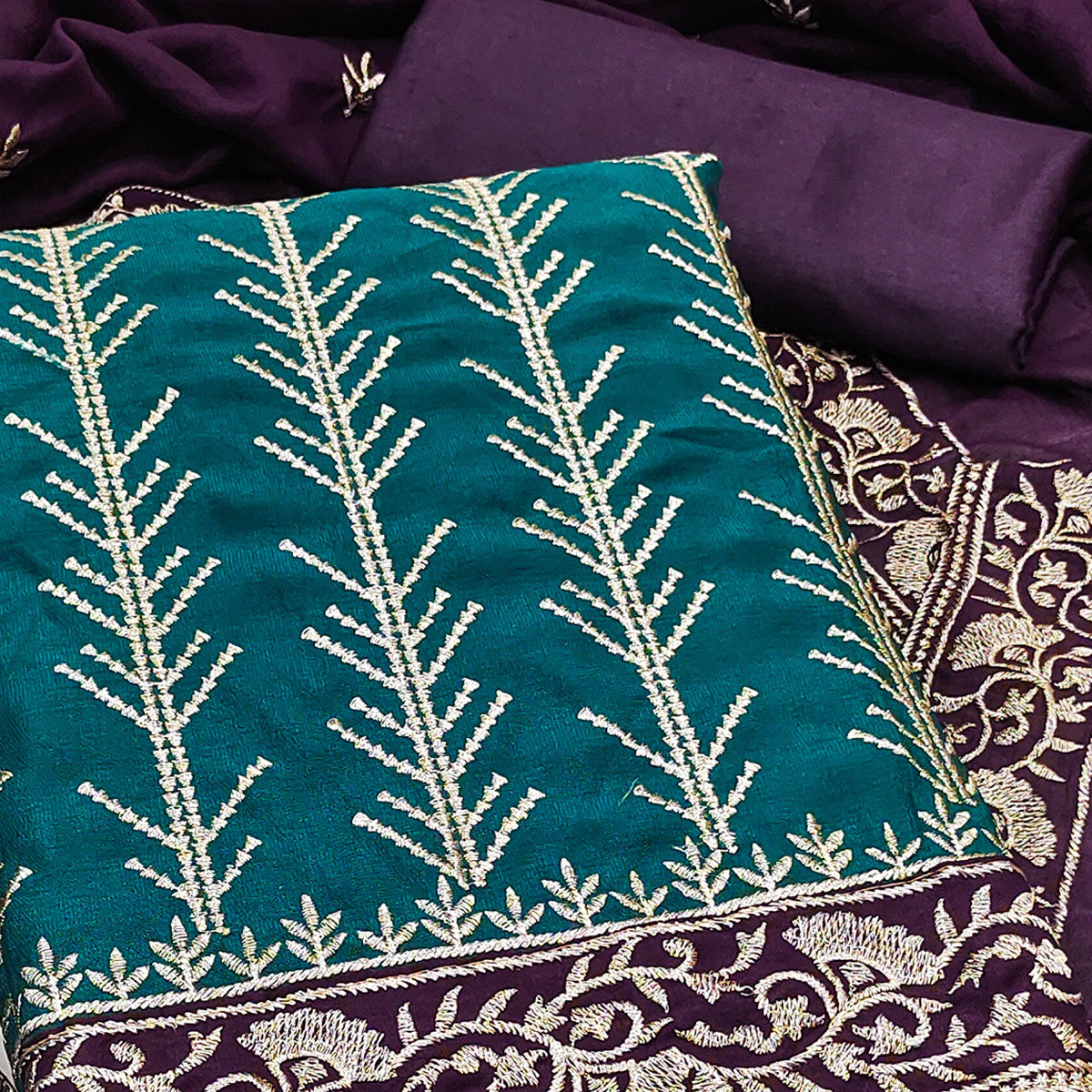 Teal Vichitra Silk Dress Material Featuring Graceful Floral Embroidery Work