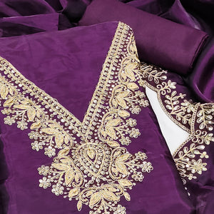 Deep Purple Unstitched Organza Suit with Thread Embroidery