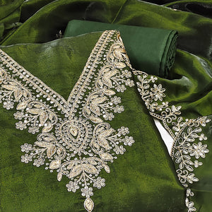 Green Unstitched Organza Suit with Thread Embroidery