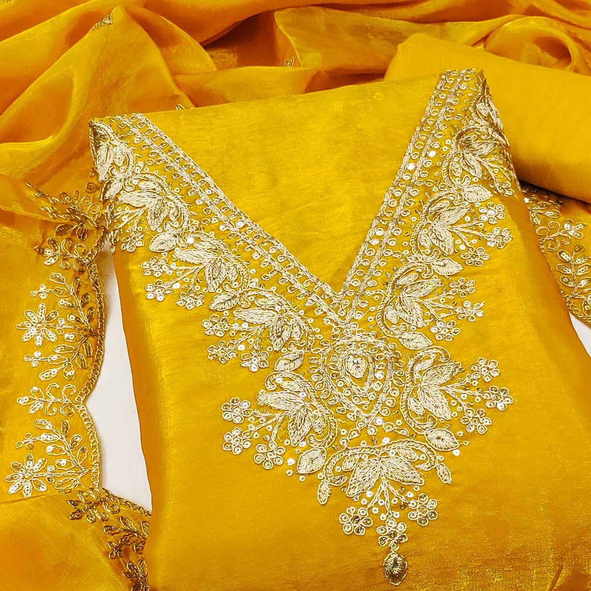 Yellow Organza Dress Material With Elegant Thread Embroidery