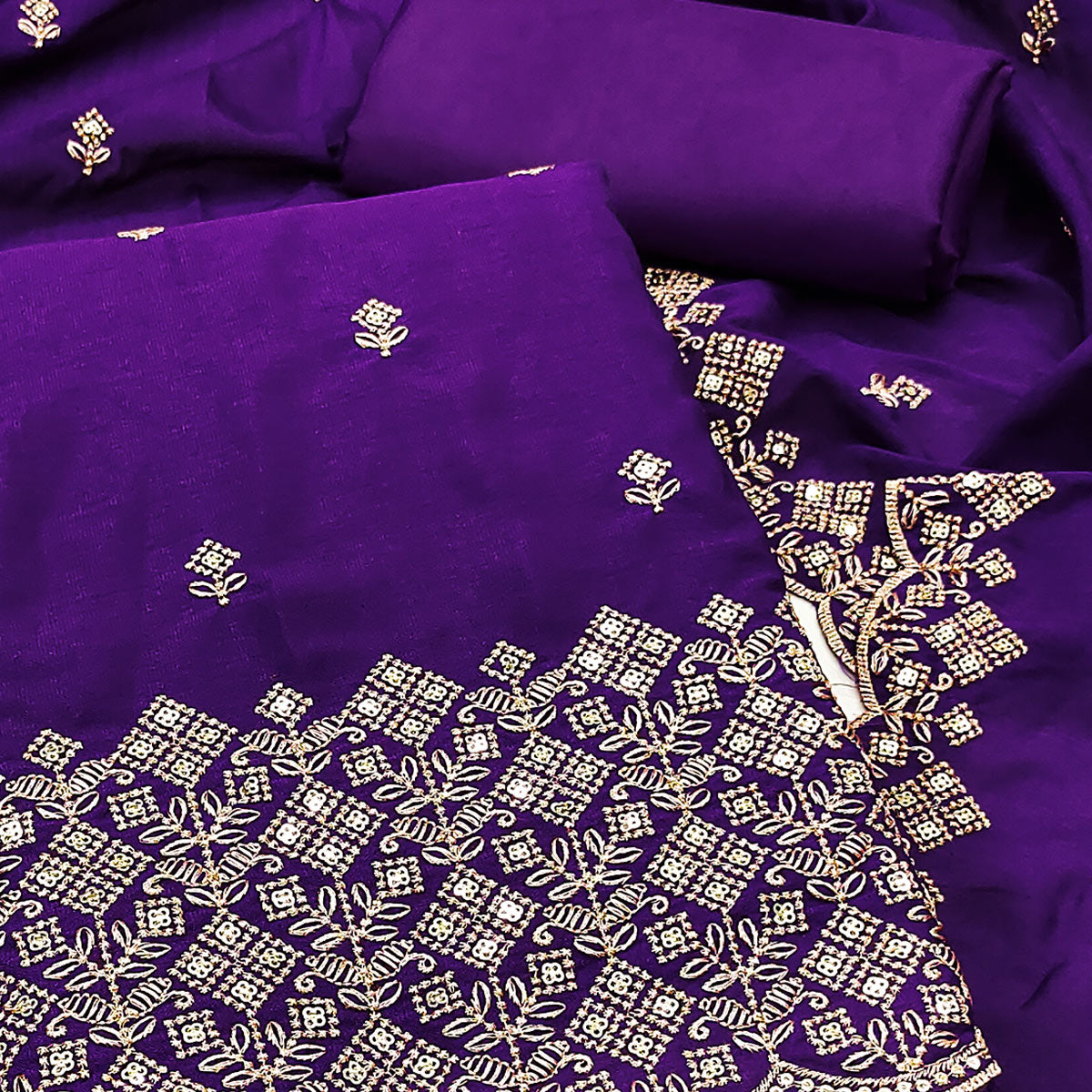 Purple Vichitra Silk Dress Material Featuring Intricate Floral Embroidery & Sequins Work