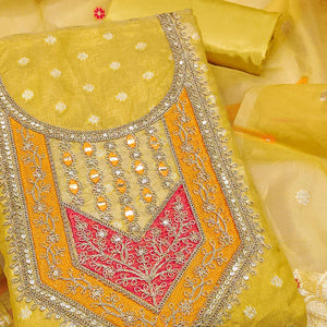 Yellow Shimmer Dress Material Featuring Floral Weaving & Sparkling Sequins Embroidery