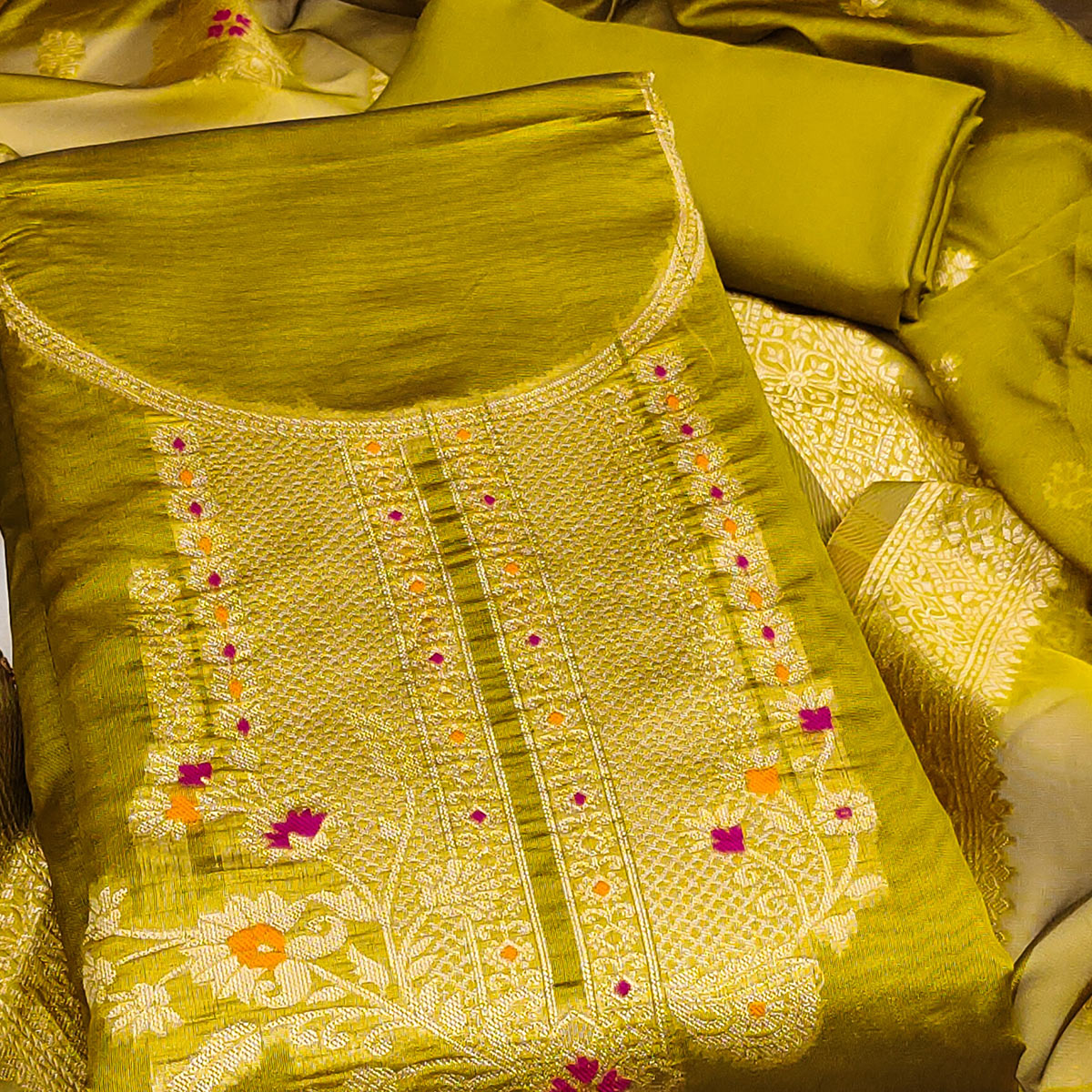 Dark Mustard Organza Silk Dress Material Adorned With Exquisite Floral Zari Weaving Work