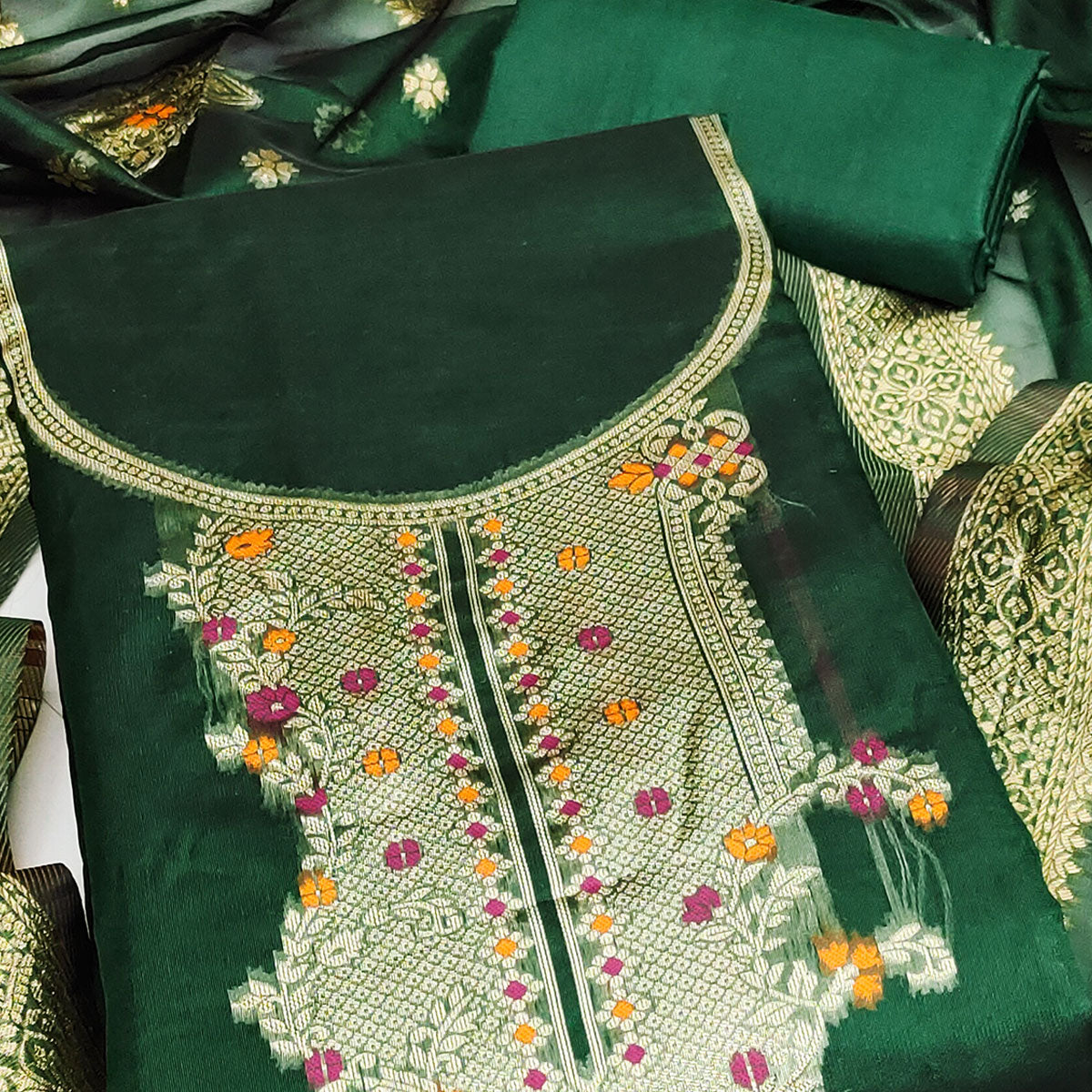 Green Organza Silk Dress Material Adorned With Exquisite Floral Zari Weaving Work