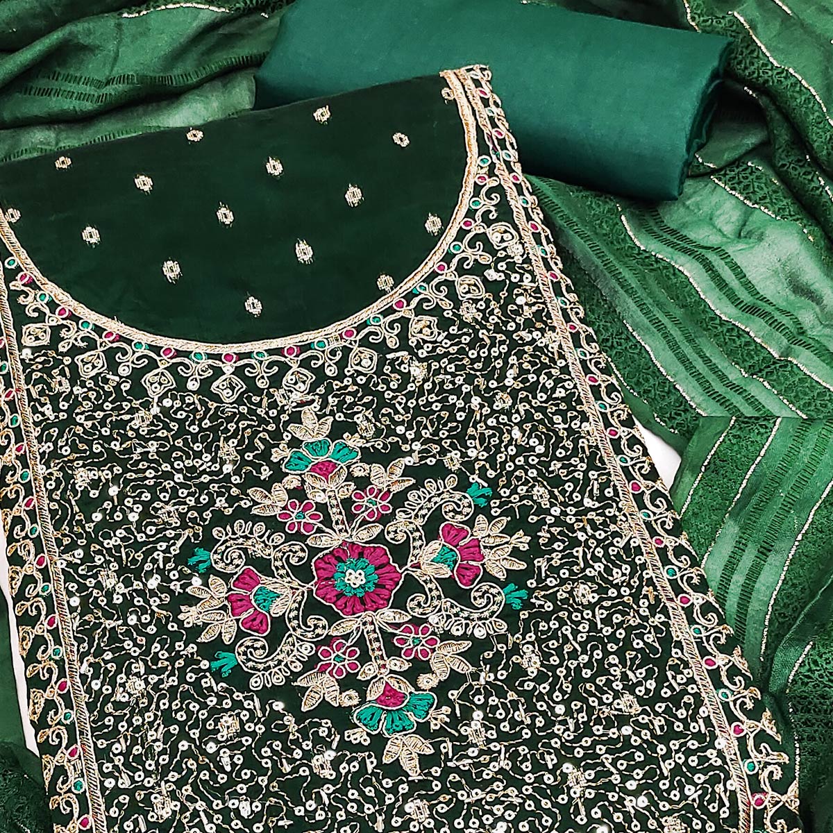 Green Floral Butti Jacquard Chanderi Silk Dress Material Enhanced With Sparkling Sequins Embroidery