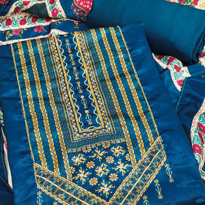 Blue Digital Printed Chinon Dress Material With Sequins & Handwork Embellishment