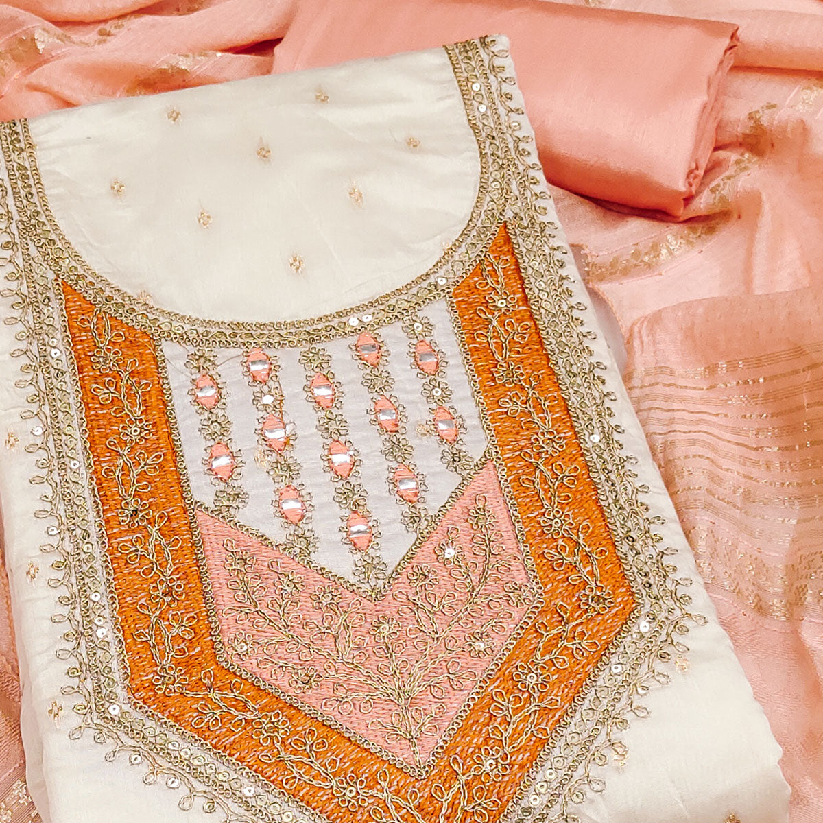 OffWhite & Peach Floral Cording & Sequins Embroidered With Butti Chanderi Silk Dress Material
