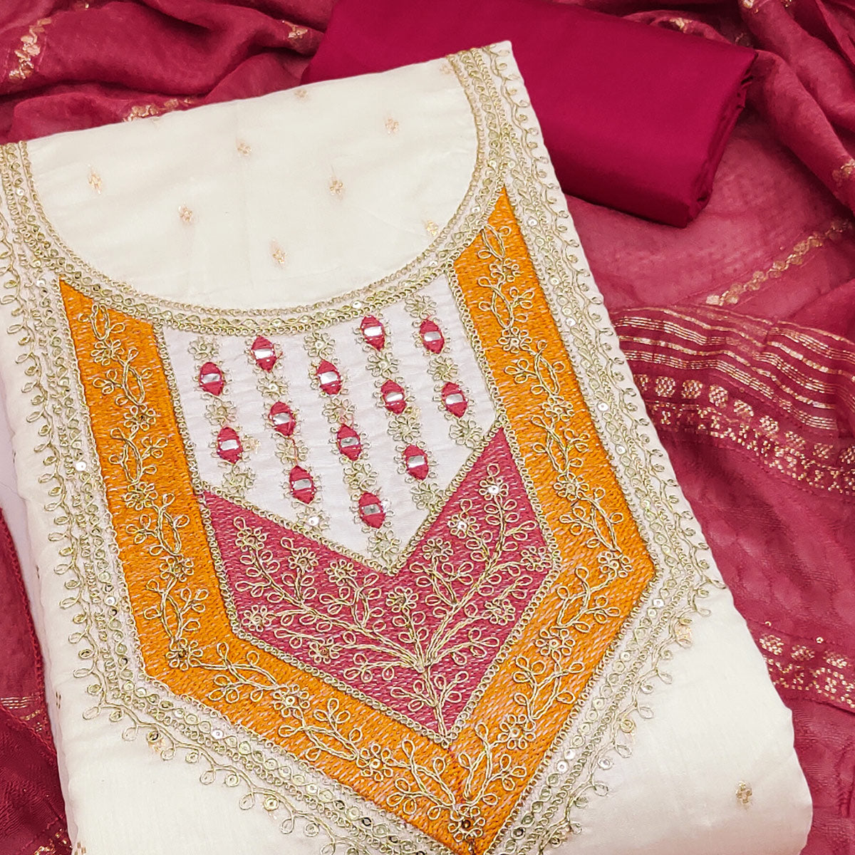 OffWhite & Cherry Red Floral Cording & Sequins Embroidered With Butti Chanderi Silk Dress Material