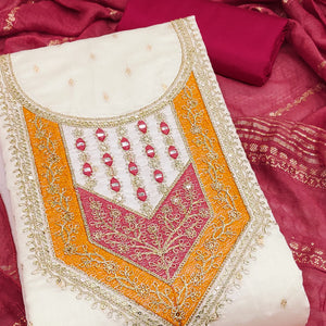 OffWhite & Cherry Red Floral Cording & Sequins Embroidered With Butti Chanderi Silk Dress Material