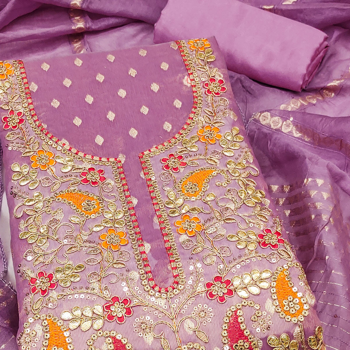 Lavender Woven Shimmer Dress Material Featuring Sequins Embroidery & Gota Patti Accents