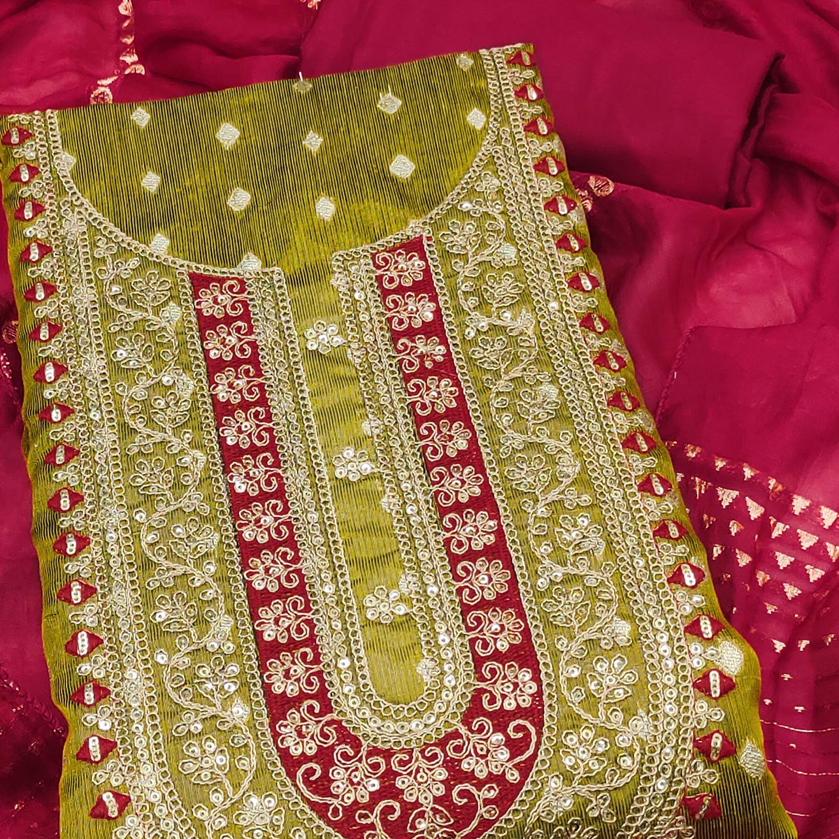 Mehendi Green Butti Jacquard Shimmer Dress Material Enhanced With Sequins Cording Embroidery