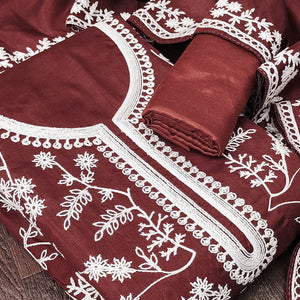 Maroon Art Silk Dress Material Adorned With Floral Thread Embroidery Work