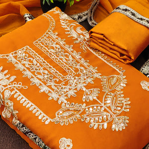 Mustard Georgette Dress Material Featuring Floral Thread Embroidery With Sequins Accents