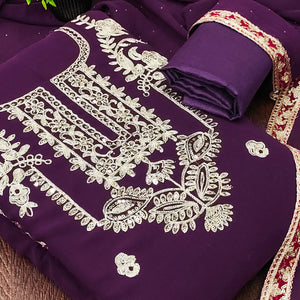 Purple Georgette Dress Material Featuring Floral Thread Embroidery With Sequins Accents