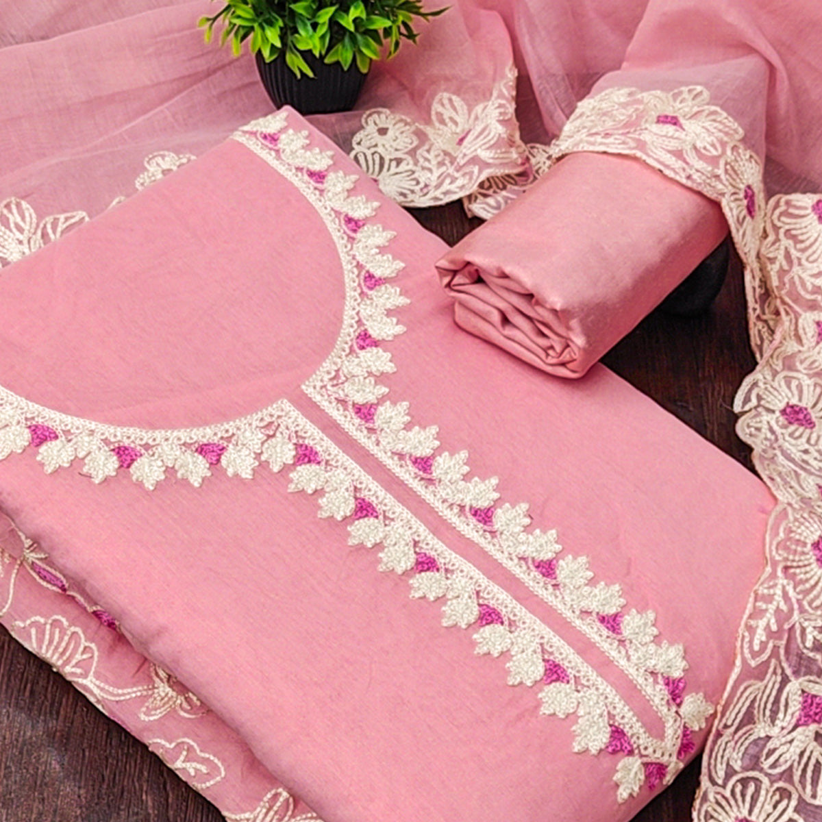 Baby Pink Chanderi Silk Dress Material Enhanced With Floral Thread Embroidered Work