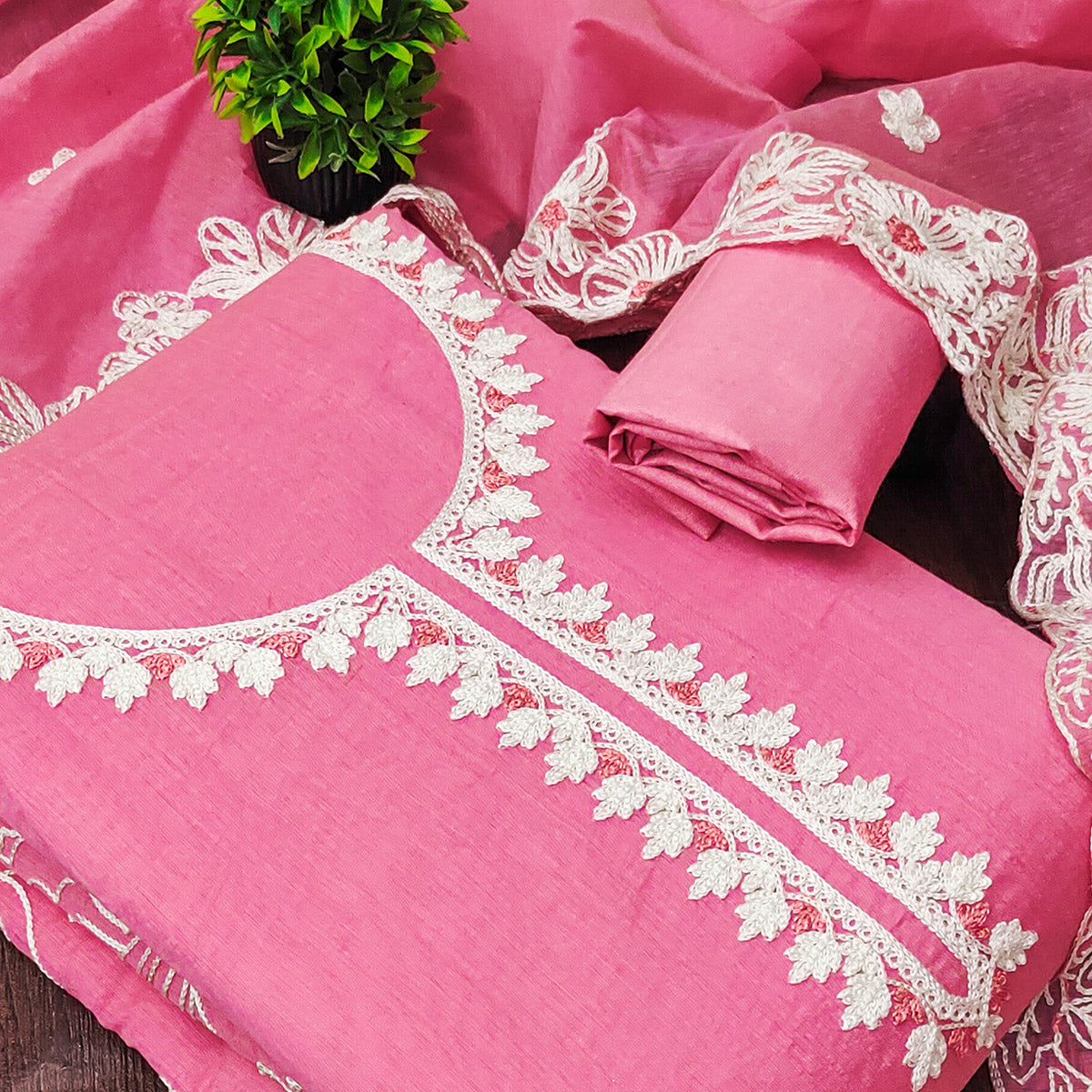 Pink Chanderi Silk Dress Material Enhanced With Floral Thread Embroidered Work