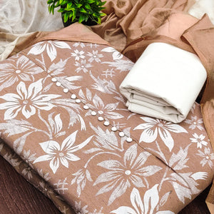 Brown Cotton Blend Dress Material Adorned With Floral Printed Work