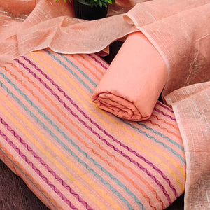 Peach Poly Cotton Blend Dress Material Highlighted With Striped Woven Work
