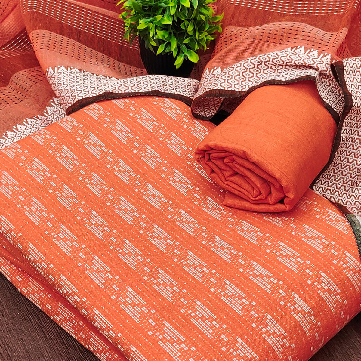 Orange Poly Cotton Blend Dress Material With Striped Pattern Weaving Work