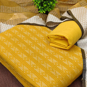 Yellow Poly Cotton Blend Dress Material With Striped Pattern Weaving Work