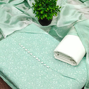 Sea Green Cotton Blend Dress Material Enhanced With Artistic Floral Printed Work