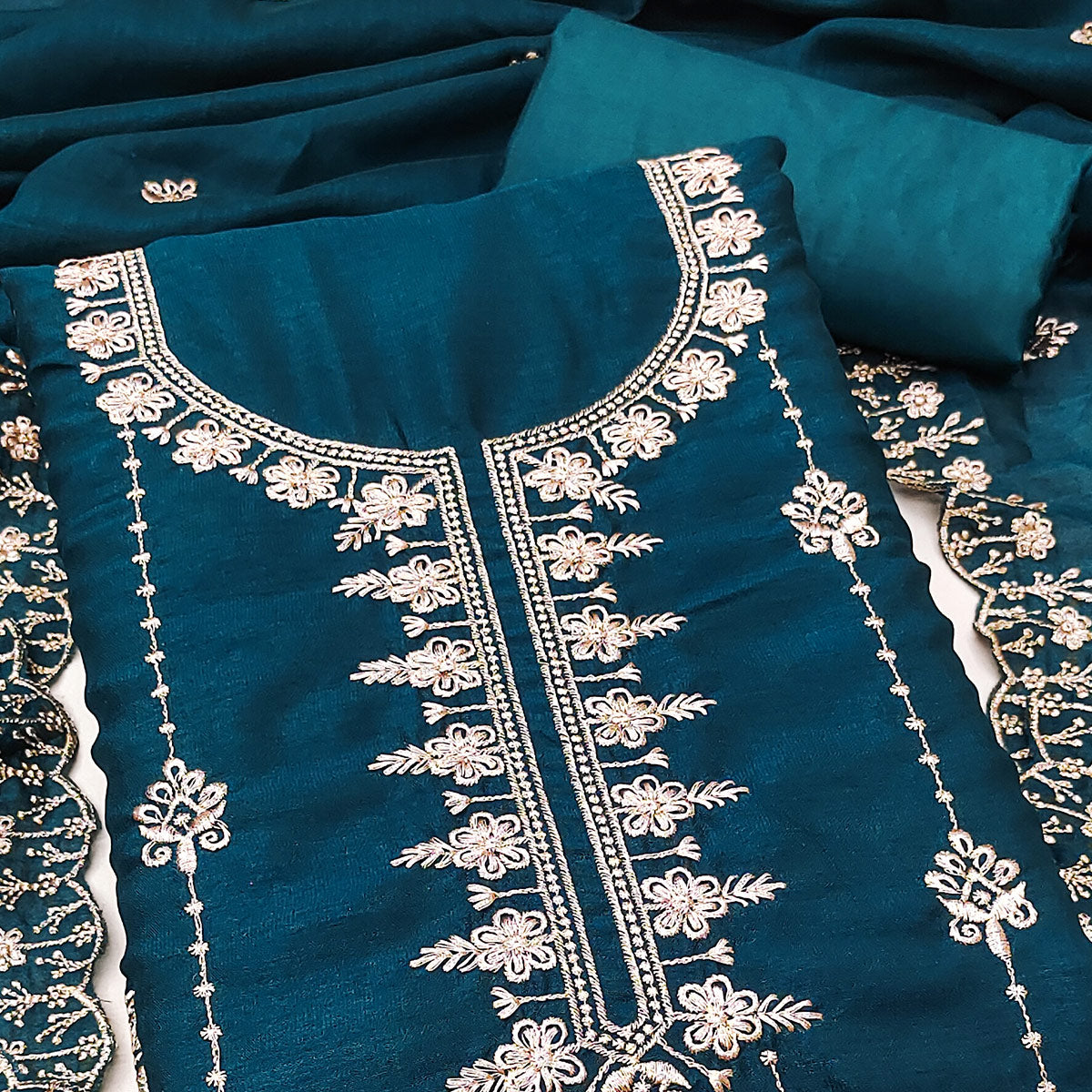 Morpich Blue Floral Elegance Zari Embroidered Vichitra Silk Dress Material